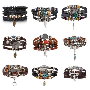 Vintage leaf rope woven handmade bead woven bracelet, fashionable multi-layer leather bracelet set for men and women