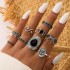 New European and American retro black gemstone inlaid nine piece ring set, geometric snake shaped crown leaf ring set