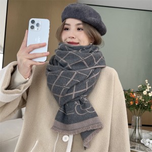 Winter Camellia Diagonal Grid Core Wrapped Yarn Jacquard Scarf Women's Versatile Cashmere Shawl Thickened Warm and Cold proof Scarf