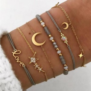 New cross-border accessories from Europe and America, fashionable and simple. Love pentagram moon combination six piece bracelet set