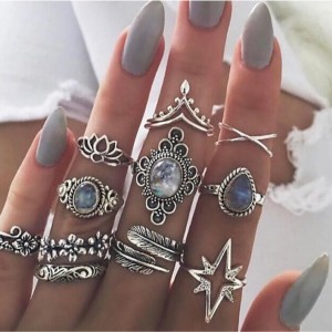 European and American Cross border New Product Vintage Carving, Diamond Setting, Starry Sky, Jewels, Leaves, Butterflies, Eleven Piece Set Ring Set