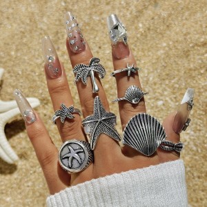 Cross border Bohemian style starfish shell ring set, silver coconut tree scallop retro vintage vintage antique ring set of eight pieces