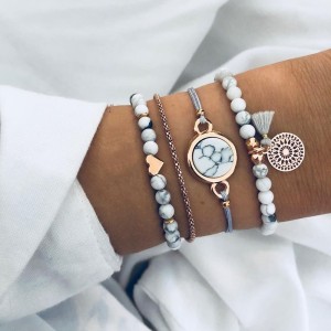 Cross border hot selling creative turquoise tassel round stone bracelet AliExpress fashion trend style bracelet four piece set for women