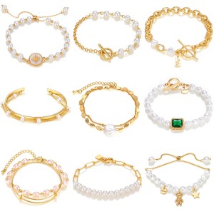 Retro pearl studded irregular punk style bracelet in the Korean jewelry world, Korean version simple multi-layer bracelet set