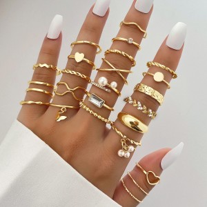 Europe and the United States cross-border new wheat Fried Dough Twists pearl pendant ring 24 pieces of high fashion commuting ring set