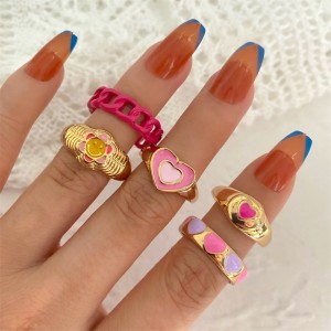 Korean jewelry industry drip oil colored peach heart smiling face ring cross-border fashion multi-layer heart-shaped joint index finger ring set