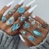 Cross border European and American new retro ethnic style inlaid turquoise carved feather ring set, fashionable and personalized ring for women