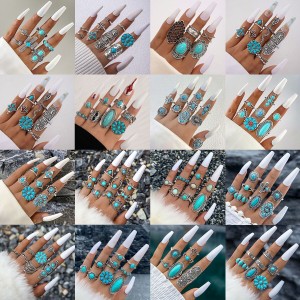 Cross border European and American new retro ethnic style inlaid turquoise carved feather ring set, fashionable and personalized ring for women