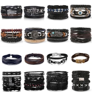 Retro bead bracelet for men, fashionable hollow triangular leather bracelet and bracelet, multi-layer wide wrapped jewelry