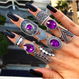 New Cross border Retro Water Drop Diamond Set Purple Gemstone Joint Ring Geometric Hollow Triangle Ring 9-Piece Set for Women