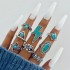 Cross border European and American new retro ethnic style inlaid turquoise carved feather ring set, fashionable and personalized ring for women