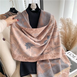 Scarf for women, autumn and winter, Chinese style, blue and white porcelain pattern, warm and thick double-sided imitation cashmere, air conditioning shawl, mother's scarf