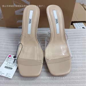 ZA2024 Spring New Product Transparent Alien High Heel Sandals for Women Rubber Coarse Heel Leather Casual One Line High Heel Shoes