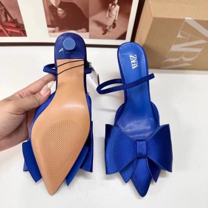 ZA New Product 2024 Autumn French pointed bow decoration silk and satin back strap shallow high heels sandals for women