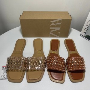 ZA New 2024 Summer Flat Sandals Square Head One Word Water Diamond Particle Willow Ding External Sandals Half Dragged Women