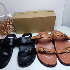 ZA2024 Summer New Fashionable Metal Buckle Thick Bottom Slippers, One Line Dragging, Flat Bottom Slippers, Outerwear, Barefoot Dragging