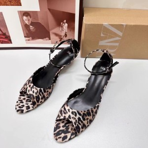 ZA New Product 2024 Summer Fashion Leopard Pattern Open Toe Thin Heel Short Heel Strap Women's Shoes Fish Mouth Strap Women's Sandals