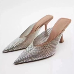 ZA New Product 2024 Fashion Women's Shoes French High Heels Women's Shoes Press Drill TPU Pointed Rear Air Fashion Cool Slippers Women