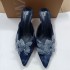 ZA2024 Summer New Product Women's Shoes Blue Denim Pointed High Heels Women's Shoes Thin Heels Butterfly Decoration Back Empty Shoes Women