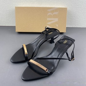 ZA2024 Autumn New Women's Shoes Black Metal Buckle and Strap Fashion High Heels Rear Tripstrap Thin Heel Sandals