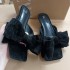 ZA New Product 2024 Women's Shoes Black Sishi Velvet Bow Square Head One Word Open Toe Low Heel Shoes Thin Heel Outerwear Cool Trailer