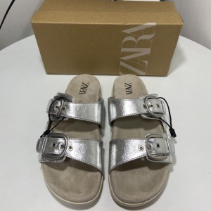 ZA2024 Summer New Silver Buckle Flat Bottom Round Head Outdoor Casual Sandals Thick Bottom Outdoor Fashion Slippers for Women