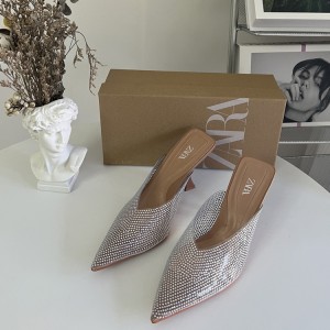 ZA new women's shoes for autumn 2024, transparent rhinestone fairy pointed slender high-heeled toe, sexy outerwear style, cool drag