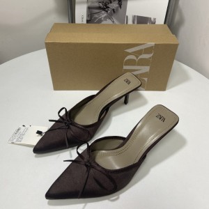 ZA new product 2024 pointed toe toe slippers bow brown high heels Mueller shoes thin heel back empty half drag sandals for women