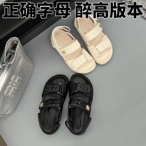 2024 New Miu Home Metal Letter Logo Sheep Leather Velcro Toe Exposed Thick Bottom Fashion Sports Sandals for Women