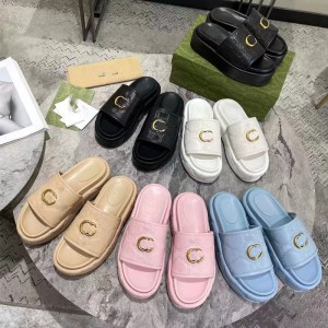 2023 Summer New G Home Thick Bottom Waterproof Platform Women's Shoes with Sponge Cake Bottom and Leather Surface, Casual Versatile One Word Slippers