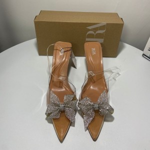 ZA Summer New Women's Shoes Natural Color French Crystal Dew Heels Transparent Muller Shoes Pointed Bow Sandals