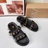 ZA2024 Summer New Product Black Fashion Metal Round Buckle Decoration Casual Breathable Thick Bottom Two Strips with Sandals for Women