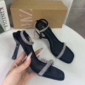 ZA new 2024 French style small fragrant high heels with square toe rhinestone chain decoration and back strap fashion sandals for women