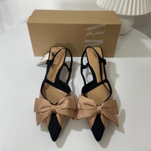 ZA2024 Summer New French High Heels Women's Shoes with Pointed Bow Decoration Color blocked Light Mouth Strap and Barefoot Sandals