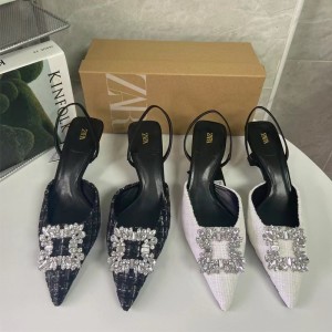 ZA's new 2024 summer pointed small fragrance canvas rhinestone square buckle with shiny decoration, shallow back strap, exposed heel sandals for women