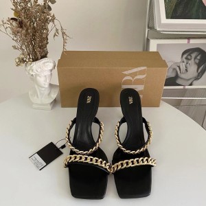 ZA Women's Shoes 2024 Summer New High Heels Metal Chain Shining Decoration One Word Strap with Exposed Toe Back Air Heel Fashion Cool