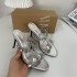 ZA's new 2024 summer round toe slim heel high-heeled shoes for women, adorned with rhinestone decorations and a single ribbon back empty sandals for women