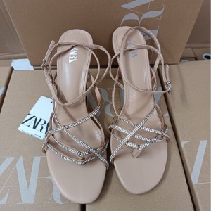 ZA women's shoes 2024 summer with rhinestone decoration, clip on high heels, slim heels, back strap sandals for women