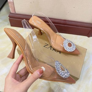 ZA High Heels 2024 Spring/Summer New PVC Fashion Versatile Sandals Water Diamond Square Buckle Pointed French Style Single Shoes