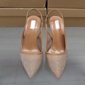 ZA new 2023 summer slim heel rhinestone glossy mesh fashionable high heels for women with exposed heels and shallow toe sandals for women