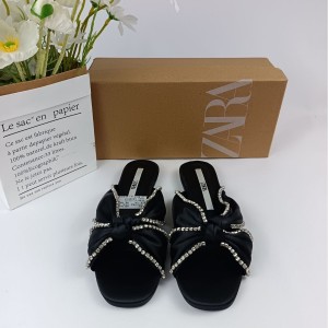 ZA Women's Shoes 2024 Summer New Product Women's Shoes Black Flat Butterfly Knot with Water Diamond Chain One Word Women's Shoes Fairy Style