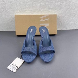 ZA pointed fish mouth denim straight strap high heels women's 2024 summer new item slim heel shallow mouth single shoe sandals women's shoes