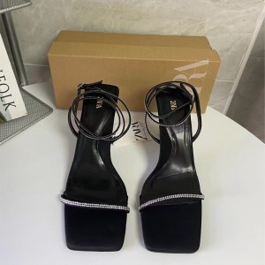 ZA Women's Shoes 2024 Summer New Style Square Head One Word High Heels with Water Diamond, Thin Strap, Open Toe Rear Strap Buckle Women's Shoes