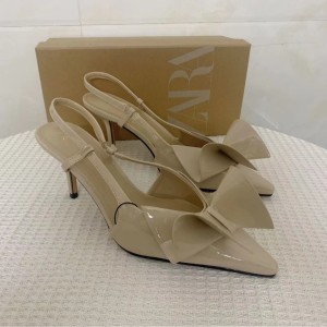 ZA women's new shoes 2024 summer bow decoration pointed back strap high-heeled Mueller shoes, one button high-heeled sandals