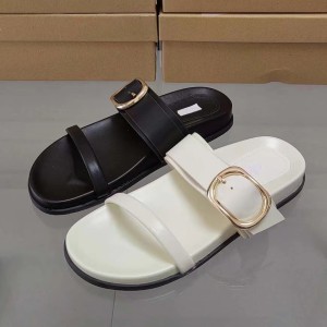 ZA2024 Summer New Women's Shoes Round Head, Open Toe, Metal Belt Buckle, Flat Heel, Thick Bottom, Women's Shoes for Outwear