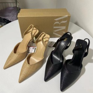 ZA's new 2024 summer pointed, thin heel, back strap high heels, women's shallow metal fashion, exposed heel sandals, women's fashion trend