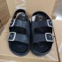 ZA Women's 2024 New Black Riveted Leather Flat Bottom Open toed Cool Slippers for Outer Wear Beach Strap Sandals