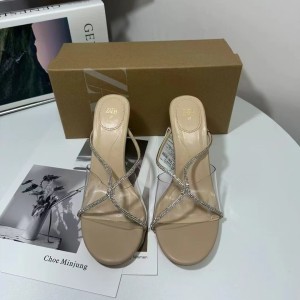 ZA2024 Summer New Round Head French Water Diamond Cross PVC Transparent Open Toe Shallow Mouth Open Heel Fine Heel Women's Shoes