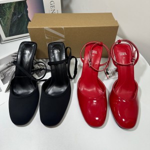 ZA2024 Summer New High Heels, Thin Heels, Baotou, Shallow Mouth Sandals, Strap Buckle, Hollow Round Head, European and American Women's Shoes