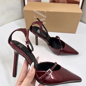 ZA's new 2024 burgundy French high-heeled shoes with pointed cutouts and straps, featuring a niche style for women wearing sandals